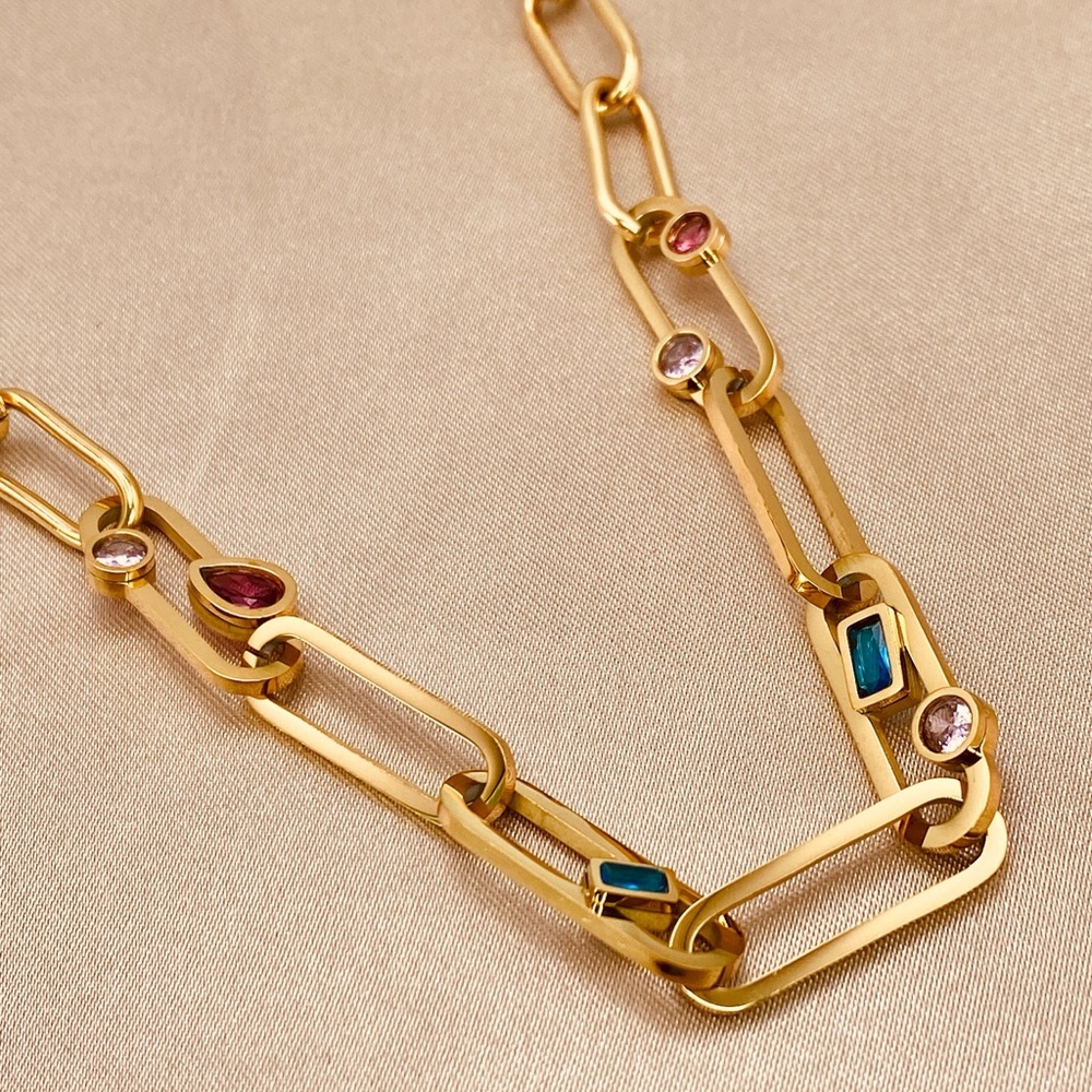 Statement Paper Link Chain Colored Shapes Inlay CZ Necklace in Gold